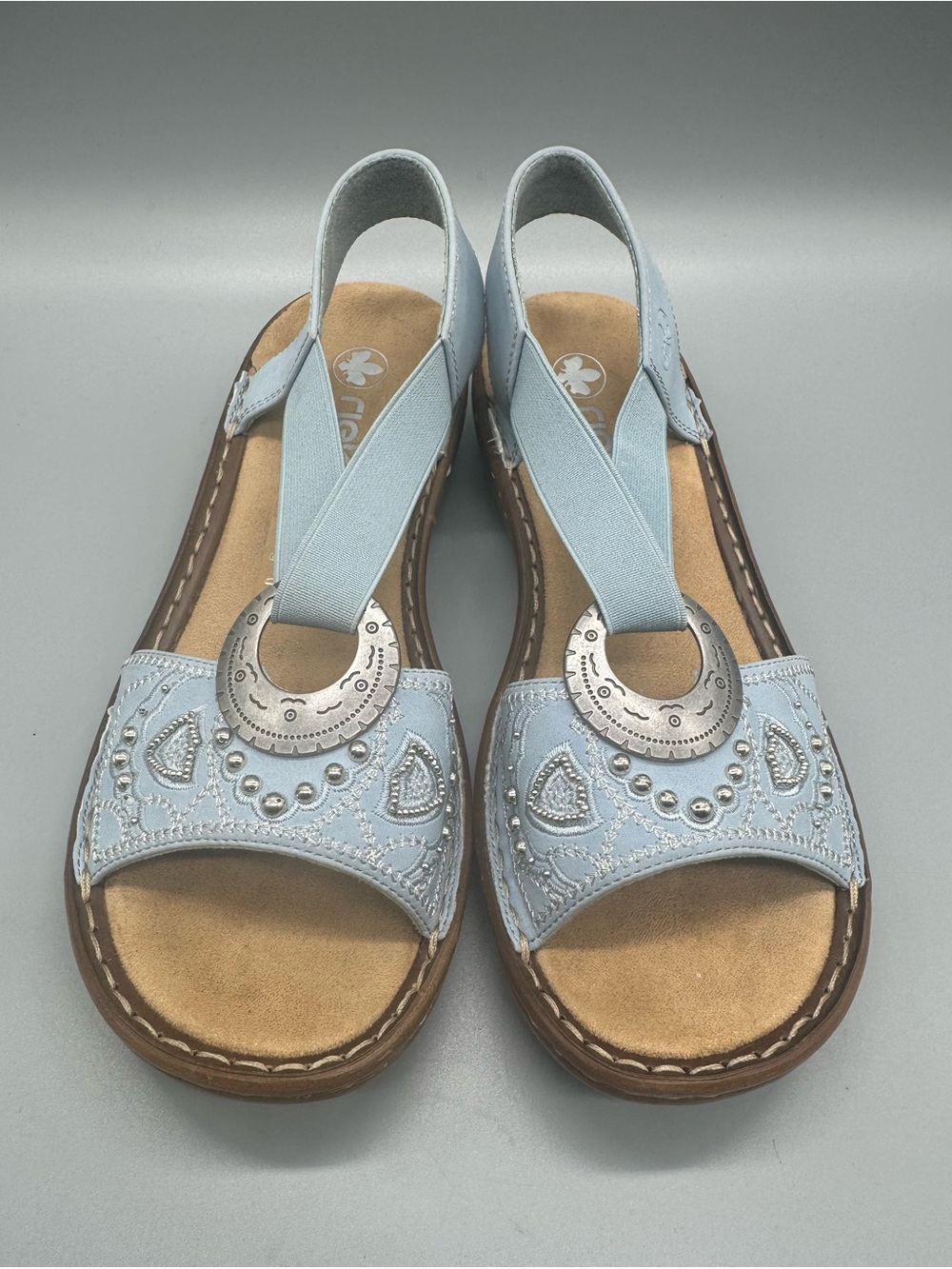 Rieker Regina 608B9 Sandal
Light Blue w/ Silver
Metal Ring sz 39 Womans 8  $115